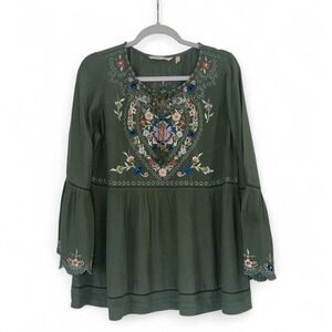 Soft Surroundings Green Embroidered Floral Tunic Bell Sleeve Blouse M Women Boho